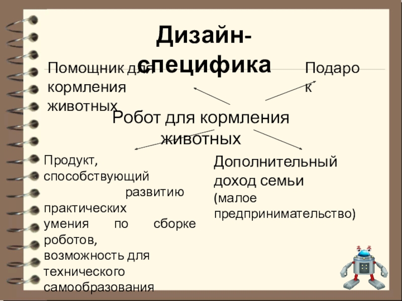 Тема проекта: Робот для кормления животных Номинация: Робот и живая природа Дизайн-специфика Дизайн-специфика