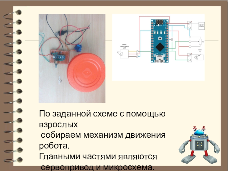 Тема проекта: Робот для кормления животных Номинация: Робот и живая природа По заданной схеме с помощью взрослых собираем механизм движения робота.Главными частями являются сервопривод и микросхема. По заданной схеме с помощью взрослых собираем механизм движения робота.Главными частями являются сервопривод и микросхема.