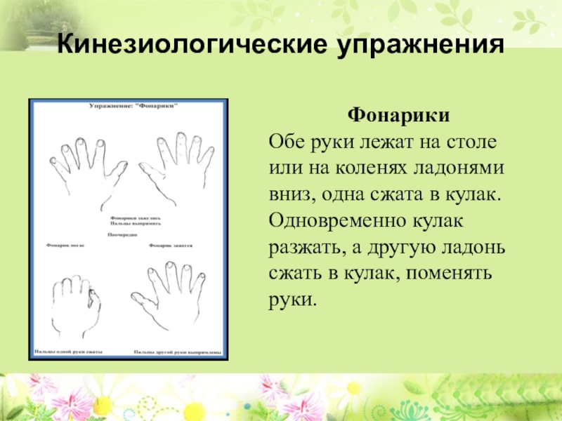 Кинезиология или гимнастика мозга как средство коррекции и развития детей с ограниченными возможностями здоровья Кинезиологические упражненияФонарикиОбе руки лежат на столе или на коленях ладонями вниз, Кинезиологические упражненияФонарикиОбе руки лежат на столе или на коленях ладонями вниз, одна сжата в кулак. Одновременно кулак