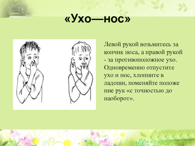 Кинезиология или гимнастика мозга как средство коррекции и развития детей с ограниченными возможностями здоровья «Ухо—нос»Левой рукой возьмитесь за кончик носа, а правой рукой - за противоположное «Ухо—нос»Левой рукой возьмитесь за кончик носа, а правой рукой - за противоположное ухо. Одновременно отпустите ухо и нос,