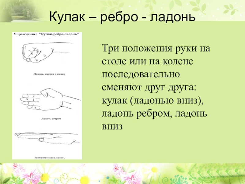 Кинезиология или гимнастика мозга как средство коррекции и развития детей с ограниченными возможностями здоровья Кулак – ребро - ладоньТри положения руки на столе или на Кулак – ребро - ладоньТри положения руки на столе или на колене последовательно сменяют друг друга: кулак