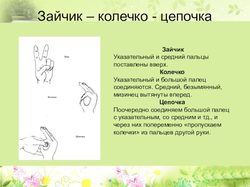 Кинезиология или гимнастика мозга как средство коррекции и развития детей с ограниченными возможностями здоровья Зайчик – колечко - цепочка ЗайчикУказательный и средний пальцы поставлены вверх.КолечкоУказательный Зайчик – колечко - цепочка ЗайчикУказательный и средний пальцы поставлены вверх.КолечкоУказательный и большой палец соединяются. Средний, безымянный,