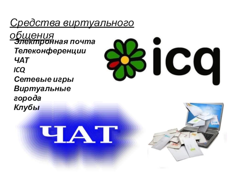 Презентация по информатике на тему Интернет возможности Средства виртуального общенияЭлектронная почта ТелеконференцииЧАТICQСетевые игрыВиртуальные городаКлубы Средства виртуального общенияЭлектронная почта ТелеконференцииЧАТICQСетевые игрыВиртуальные городаКлубы