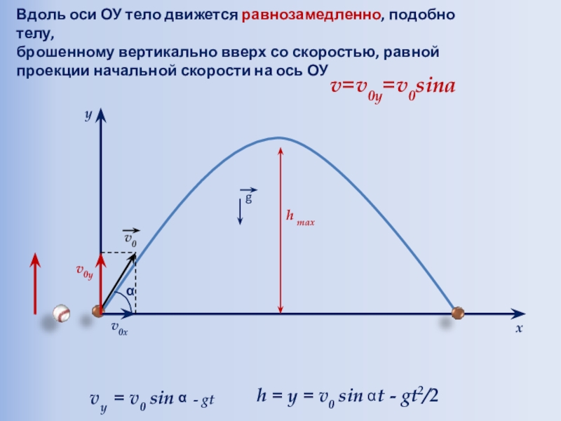 Презентация к открытому уроку по физике/математике Баллистическое движение h maxv0yv0xv0Вдоль оси ОУ тело движется равнозамедленно, подобно телу, брошенному вертикально h maxv0yv0xv0Вдоль оси ОУ тело движется равнозамедленно, подобно телу, брошенному вертикально вверх со скоростью, равной проекции начальной