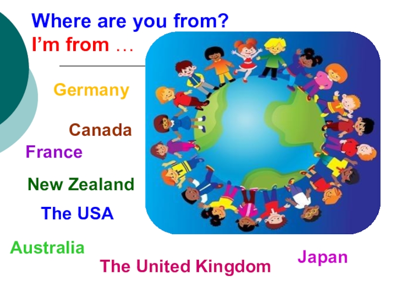 Презентация I’m from… (Я из…)” 5 класс ФГОС Where are you from? I’m from …The USAFranceThe United KingdomAustraliaJapanNew ZealandCanadaGermany Where are you from? I’m from …The USAFranceThe United KingdomAustraliaJapanNew ZealandCanadaGermany