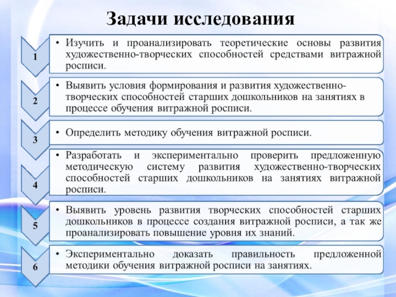 Презентация ВКР Условия формирования художественно-творческих способностей в процессе обучения витражной росписи в системе дополнительного образования Задачи исследования Задачи исследования