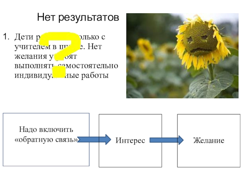 Достижение планируемых результатов НОО Дети работают только с учителем в школе. Нет желания у ребят Дети работают только с учителем в школе. Нет желания у ребят выполнять самостоятельно индивидуальные работыНет результатовНадо включить