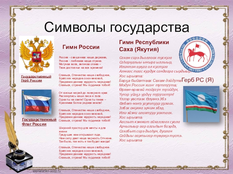 Презентация на тему Символы государстваГосударственный Флаг РоссииГосударственный Герб РоссииГимн РоссииГимн Республики Символы государстваГосударственный Флаг РоссииГосударственный Герб РоссииГимн РоссииГимн Республики Саха (Якутия)Сахам сирэ дьоллоох тускугаСаһарҕалыы ыҥыра ыллыыр,Илинтэн арҕаа ол