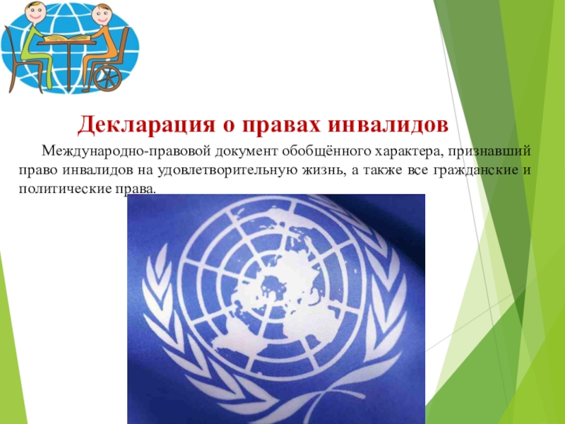 Разработка образовательной программы школы с учётом инклюзивного и интегрированного образования Декларация о правах инвалидов Международно-правовой документ обобщённого характера, признавший право инвалидов на Декларация о правах инвалидов Международно-правовой документ обобщённого характера, признавший право инвалидов на удовлетворительную жизнь, а также все гражданские