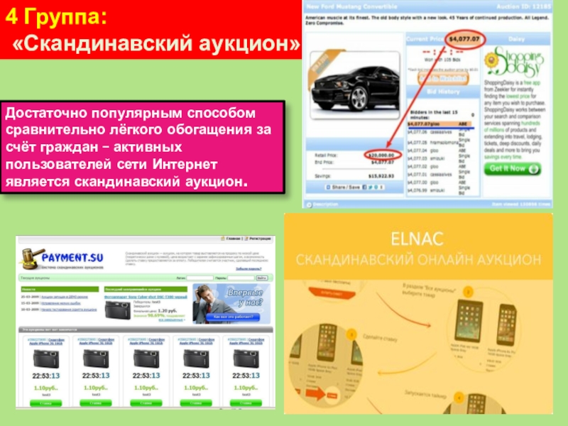 Внеурочное занятие по финансовой грамотности Финансовые ловушки в сети Интернет 4 Группа: «Скандинавский аукцион»Достаточно популярным способом сравнительно лёгкого обогащения за счёт 4 Группа: «Скандинавский аукцион»Достаточно популярным способом сравнительно лёгкого обогащения за счёт граждан – активных пользователей сети Интернетявляется