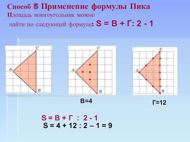 Презентация по геометрии Способы нахождения площадей многоугольников В=4Г=12S = 4 + 12 : 2 – 1 = В=4Г=12S = 4 + 12 : 2 – 1 = 9Способ 5 Применение формулы Пика