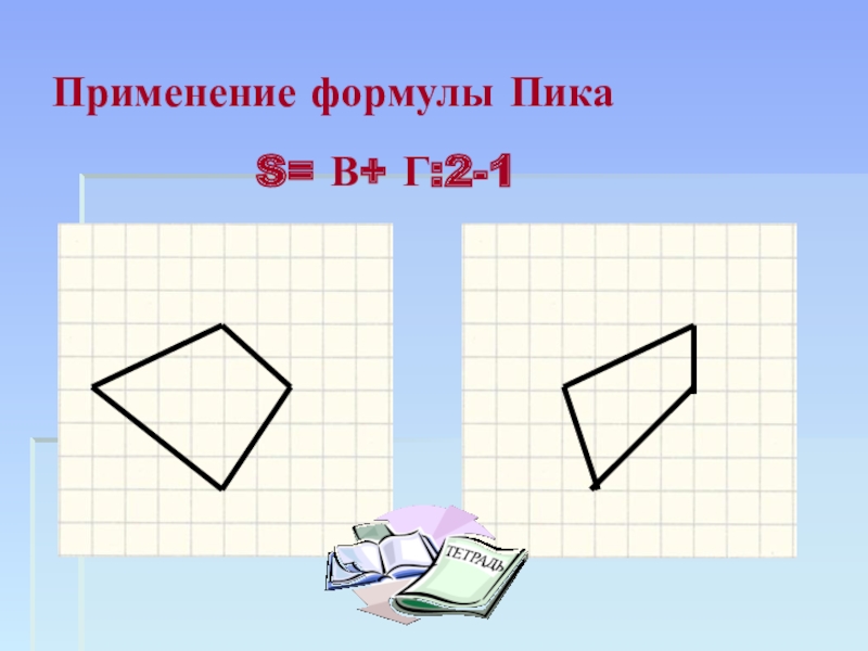 Презентация по геометрии Способы нахождения площадей многоугольников Применение формулы ПикаS= В+ Г:2-1 Применение формулы ПикаS= В+ Г:2-1