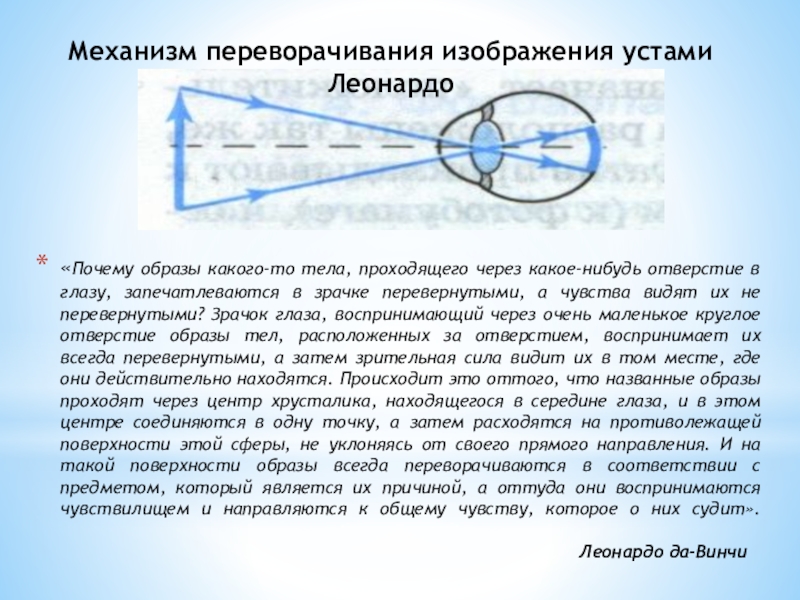 Презентация к изучению картин Леонардо да-Винчи, с помощью законов отражения и преломления света. 8 класс. Защита проектов. «Почему образы какого-то тела, проходящего через какое-нибудь отверстие в глазу, запечатлеваются «Почему образы какого-то тела, проходящего через какое-нибудь отверстие в глазу, запечатлеваются в зрачке перевернутыми, а чувства видят