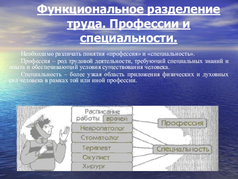 Презентация по выбору профессии Функциональное разделение труда. Профессии и специальности. Необходимо различать понятия «профессия» и «специальность». Профессия Функциональное разделение труда. Профессии и специальности. Необходимо различать понятия «профессия» и «специальность». Профессия – род трудовой деятельности, требующий специальных