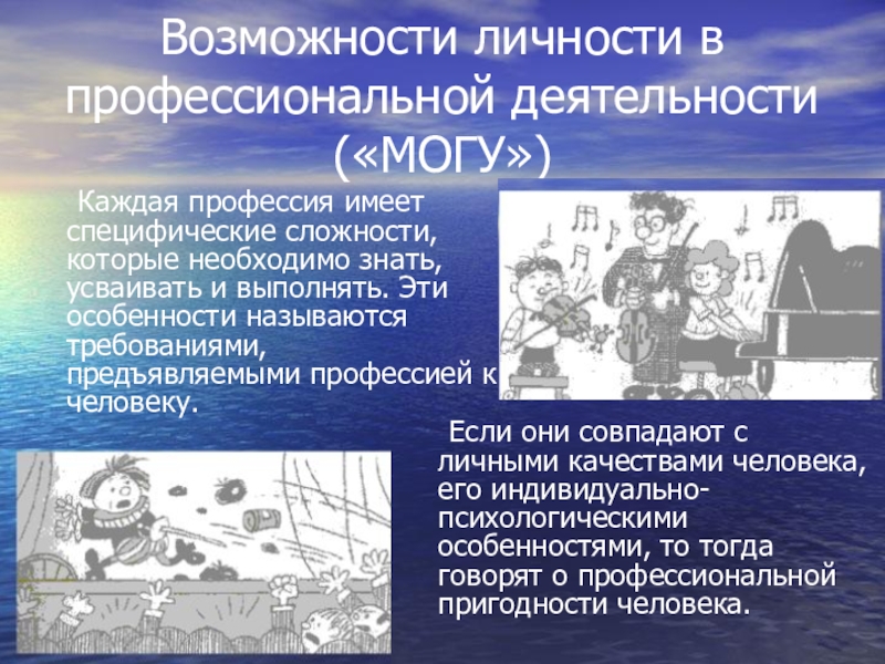 Презентация по выбору профессии Возможности личности в профессиональной деятельности («МОГУ») Каждая профессия имеет специфические сложности, которые Возможности личности в профессиональной деятельности («МОГУ») Каждая профессия имеет специфические сложности, которые необходимо знать, усваивать и выполнять. Эти