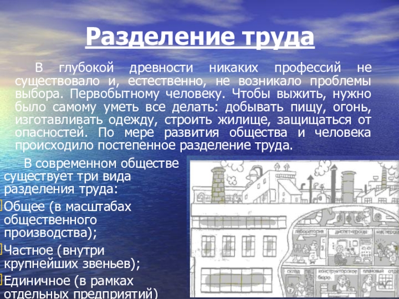 Презентация по выбору профессии Разделение труда В глубокой древности никаких профессий не существовало и, естественно, не Разделение труда В глубокой древности никаких профессий не существовало и, естественно, не возникало проблемы выбора. Первобытному человеку. Чтобы