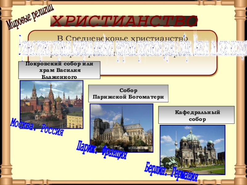 Презентация по окружающему миру на тему Средние века: время рыцарей и замков ХРИСТИАНСТВО В Средневековье христианство распространяется по всей Европе.В разных странах искусными ХРИСТИАНСТВО В Средневековье христианство распространяется по всей Европе.В разных странах искусными мастерами возводятся прекрасные христианские церкви и