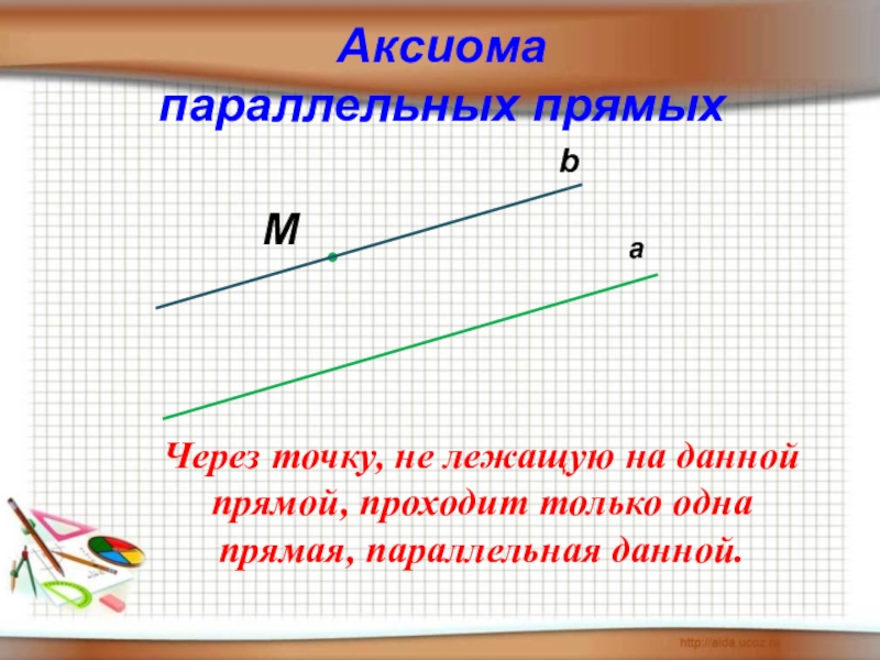 Через точку не лежащую на данной прямой. Аксиома параллельных прямых. Параллельные прямые Аксиома. Аксирма параллельных прям. Аксиома параллельности прямых.