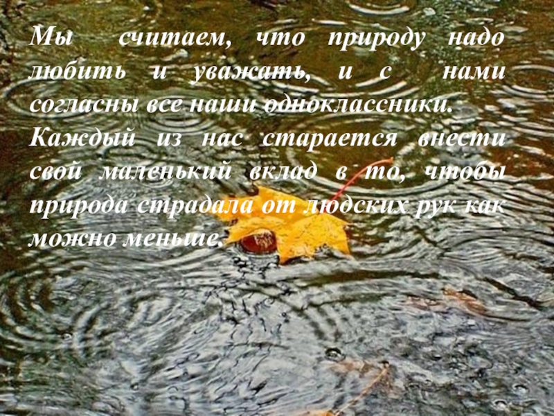 Презентация Берегите лес! Нам этот мир завещано беречь! Мы считаем, что природу надо любить и уважать, и с нами Мы считаем, что природу надо любить и уважать, и с нами согласны все наши одноклассники.Каждый из нас