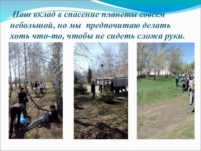 Презентация Берегите лес! Нам этот мир завещано беречь! Наш вклад в спасение планеты совсем небольшой, но мы предпочитаю Наш вклад в спасение планеты совсем небольшой, но мы предпочитаю делать хоть что-то, чтобы не сидеть
