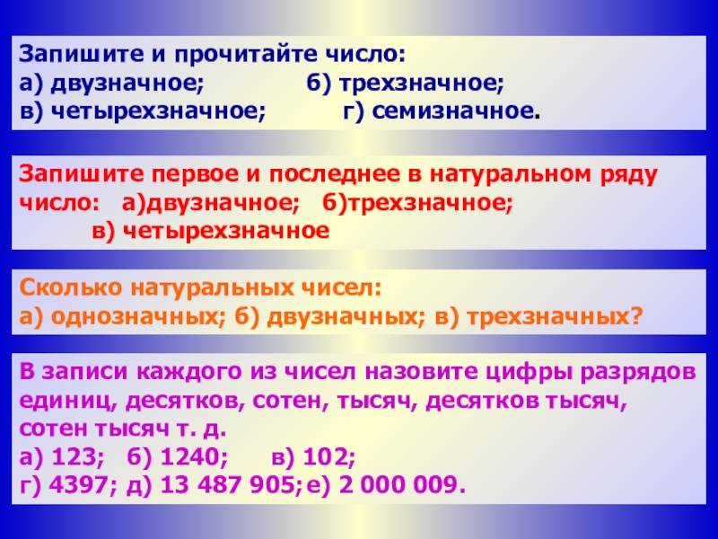 Четырехзначное натуральное. Запиши и прочитай число двузначное трехзначное. Первое и последнее в натуральном ряду число четырехзначное. Запишите первое и последнее в натуральном ряду число двузначное. Запишите первое и последнее в натуральном ряду число трёхзначное.