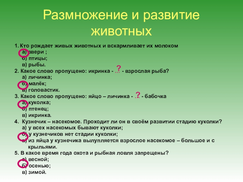 Презентация на тему Размножение и развитие животных1. Кто рождает живых животных Размножение и развитие животных1. Кто рождает живых животных и вскармливает их молоком а) звери ;