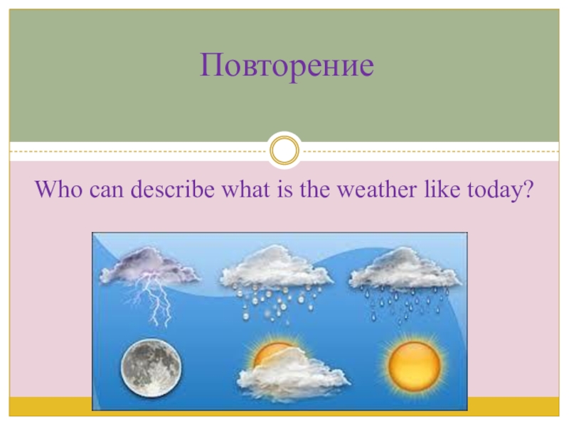 Презентация по английскому языку на тему Погода. Придаточные условия Who can describe what is the weather like today?Повторение Who can describe what is the weather like today?Повторение