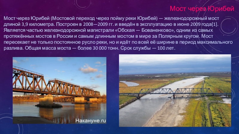 Презентация по дисциплине Станция и узлы тема Искусственные сооружения Мост через ЮрибейМост через Юрибей (Мостовой переход через пойму реки Юрибей) Мост через ЮрибейМост через Юрибей (Мостовой переход через пойму реки Юрибей) — железнодорожный мост длиной 3,9 километра.