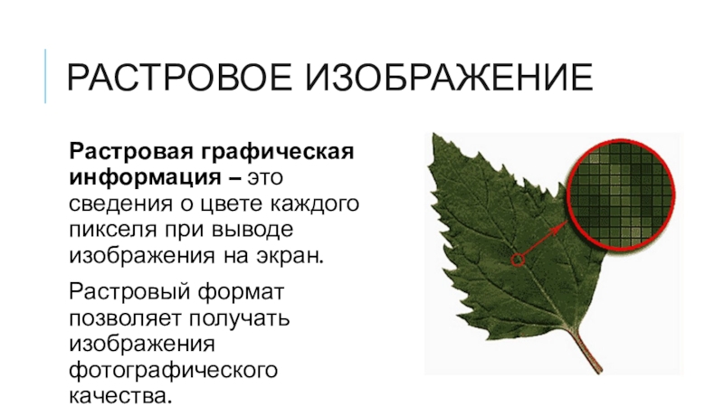 Презентация к уроку информатики на тему Растровая и векторная графика (8 класс, учебник Семакина) Растровое изображениеРастровая графическая информация – это сведения о цвете каждого пикселя Растровое изображениеРастровая графическая информация – это сведения о цвете каждого пикселя при выводе изображения на экран.Растровый формат