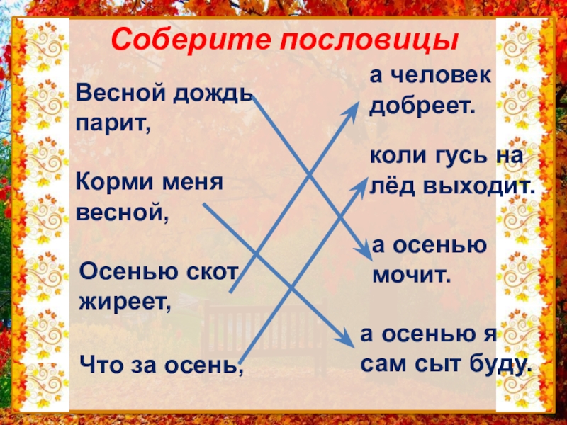 Презентация по литературному чтению на тему: Обобщение по разделу Люблю природу русскую. Осень. 2 класс Соберите пословицыВесной дождь парит,Корми меня весной,Осенью скот жиреет,Что за осень,а человек Соберите пословицыВесной дождь парит,Корми меня весной,Осенью скот жиреет,Что за осень,а человек добреет.коли гусь на лёд выходит.а осенью
