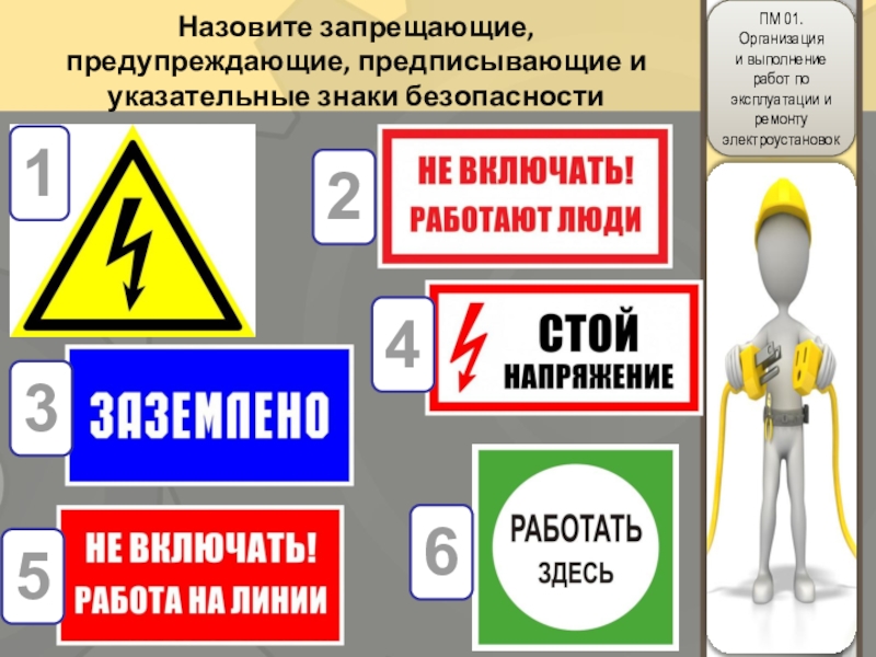 Методическая разработка урока по защите производственной практики по ПМ 01 Организация и выполнение работ по эксплуатации и ремонту электроустановок Назовите запрещающие, предупреждающие, предписывающие и указательные знаки безопасности123456 Назовите запрещающие, предупреждающие, предписывающие и указательные знаки безопасности123456