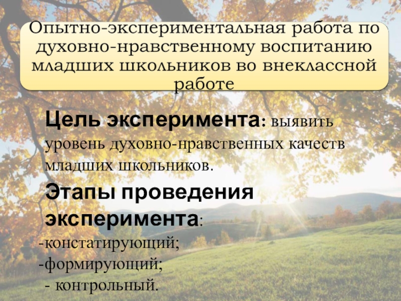 Презентация к педсовету на тему Духовно-нравственное воспитание младших школьников во внеклассной работе Цель эксперимента: выявить уровень духовно-нравственных качеств младших школьников.Этапы проведения эксперимента:констатирующий;формирующий;- контрольный. Цель эксперимента: выявить уровень духовно-нравственных качеств младших школьников.Этапы проведения эксперимента:констатирующий;формирующий;- контрольный.