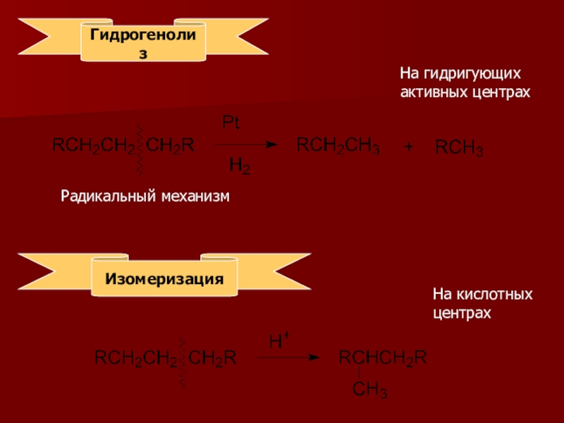 Гидрогенизационные процессы переработки нефти и газа ГидрогенолизНа гидригующих активных центрахИзомеризацияНа кислотных центрахРадикальный механизм ГидрогенолизНа гидригующих активных центрахИзомеризацияНа кислотных центрахРадикальный механизм