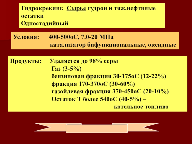 Гидрогенизационные процессы переработки нефти и газа Гидрокрекинг. Сырье гудрон и тяж.нефтяные остатки ОдностадийныйУсловия: 400-500оС, 7.0-20 МПа Гидрокрекинг. Сырье гудрон и тяж.нефтяные остатки ОдностадийныйУсловия: 400-500оС, 7.0-20 МПа