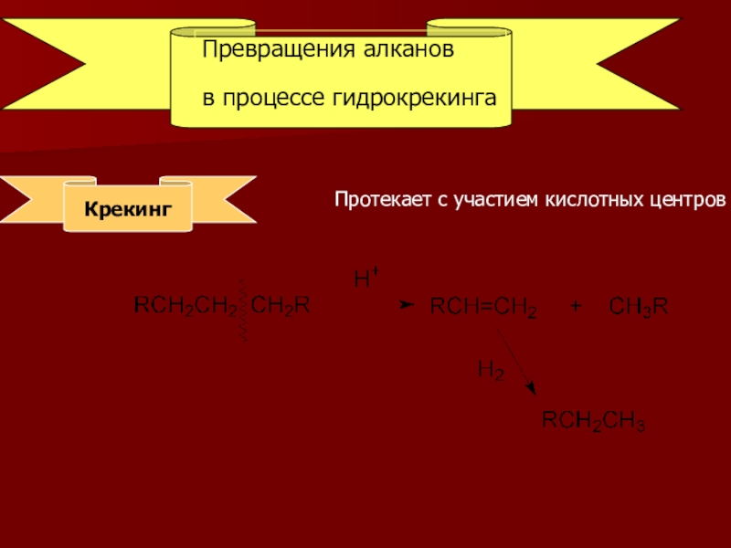 Гидрогенизационные процессы переработки нефти и газа Превращения алканов в процессе гидрокрекингаКрекингПротекает с участием кислотных центров Превращения алканов в процессе гидрокрекингаКрекингПротекает с участием кислотных центров