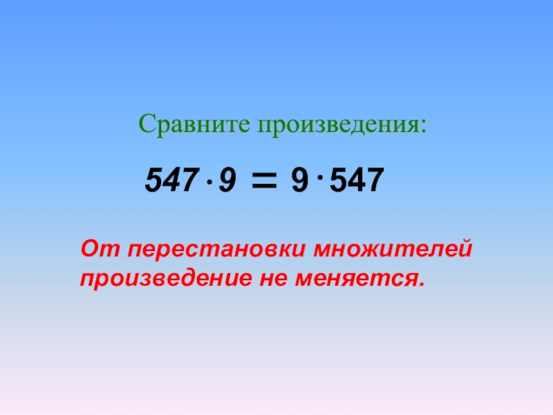 Сравни произведения. От перестановки множителей произведение. От перестановки множителей. От перестановки множителей произведение не меняется. Что происходит с произведением при перестановке множителей.