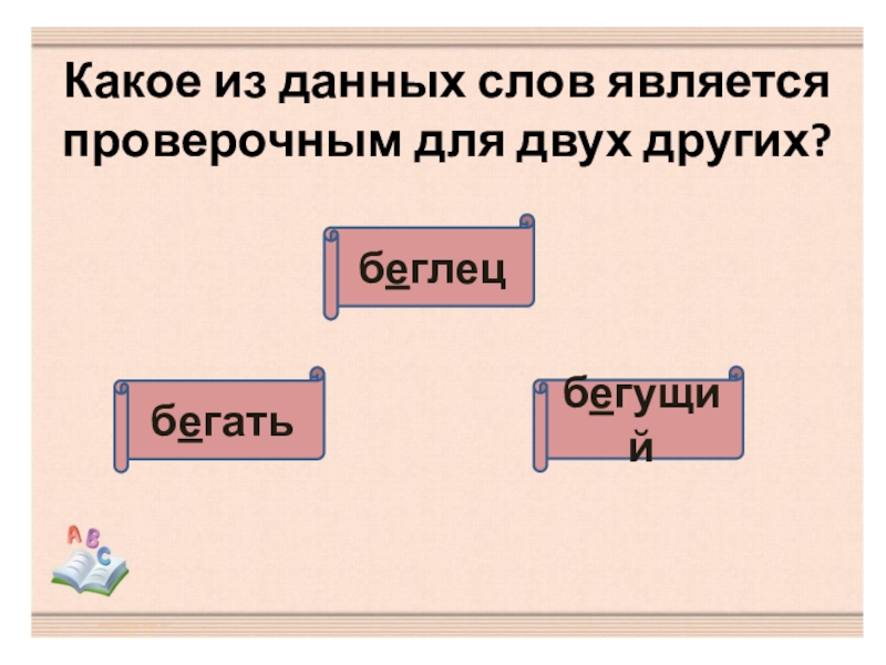 Презентация по русскому языку. Тест Безударные гласные в корне слова (2 класс) Какое из данных слов является проверочным для двух других?бегатьбеглецбегущий Какое из данных слов является проверочным для двух других?бегатьбеглецбегущий