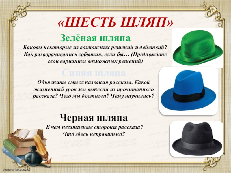 Игра шляпа на выпускном в детском. Методика шесть шляп зелёная. Шляпа для презентации. Загадка про шляпку. Шляпы в литературе.