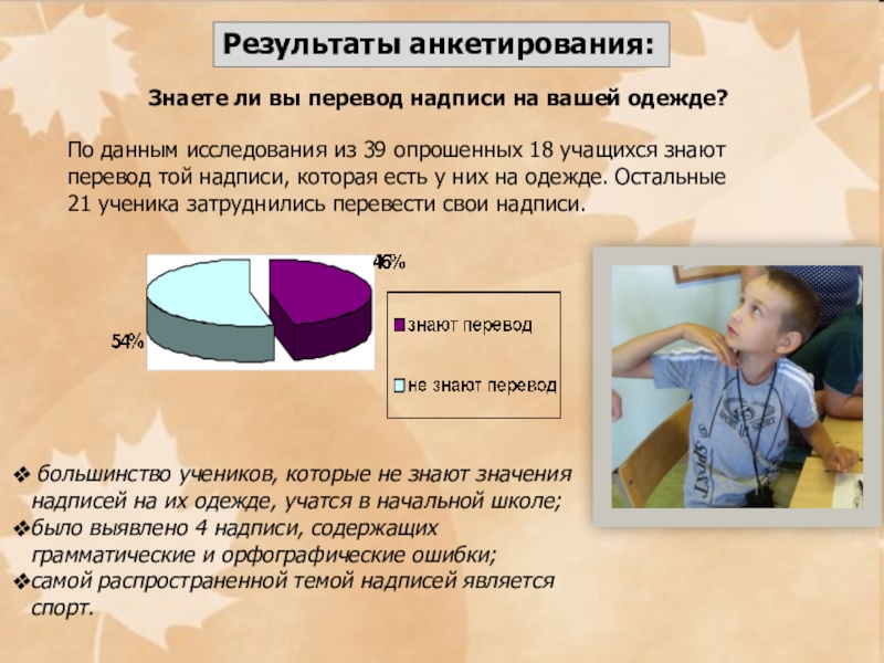 Презентация по английскому языку на тему Исследовательская работа. Английские надписи на одежде Результаты анкетирования:Знаете ли вы перевод надписи на вашей одежде?По данным исследования Результаты анкетирования:Знаете ли вы перевод надписи на вашей одежде?По данным исследования из 39 опрошенных 18 учащихся знают