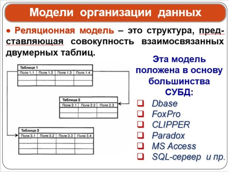 Укажи информацию модели. Модели организации данных. Организация данных. Реляционная модель данных.. Модели организации баз данных. Таблица модели данных.