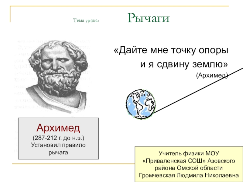 Презентация на тему Тема урока: Рычаги«Дайте Тема урока: Рычаги«Дайте мне точку опоры