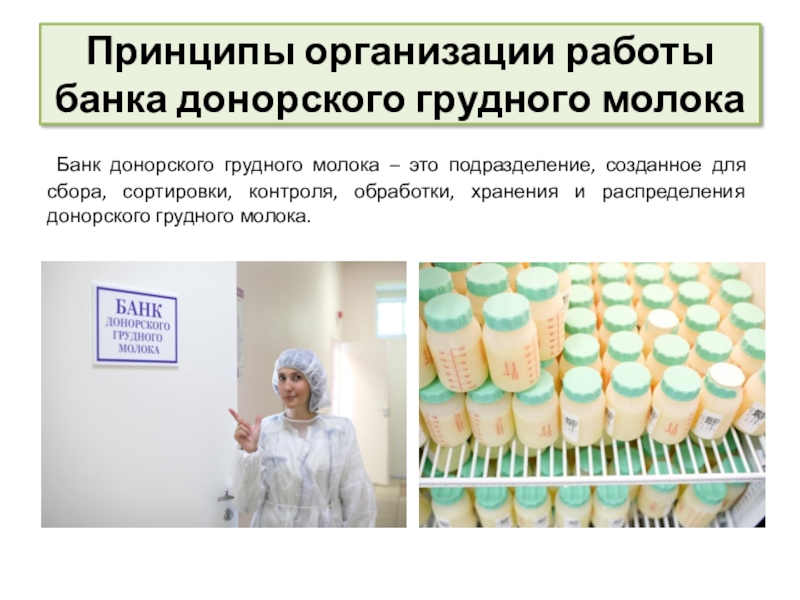 Принципы сестринской деятельности в организации работы банка донорского молока Принципы организации работы банка донорского грудного молока Банк донорского грудного молока – Принципы организации работы банка донорского грудного молока Банк донорского грудного молока – это подразделение, созданное для сбора, сортировки,