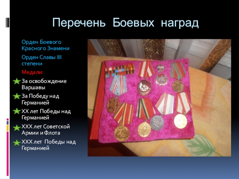 Презентация к научной работе учащегося на тему Мой прадед Перечень Боевых наградОрден Боевого Красного ЗнамениОрден Славы III степениМедали:За освобождение ВаршавыЗа Перечень Боевых наградОрден Боевого Красного ЗнамениОрден Славы III степениМедали:За освобождение ВаршавыЗа Победу над ГерманиейХХ лет Победы над