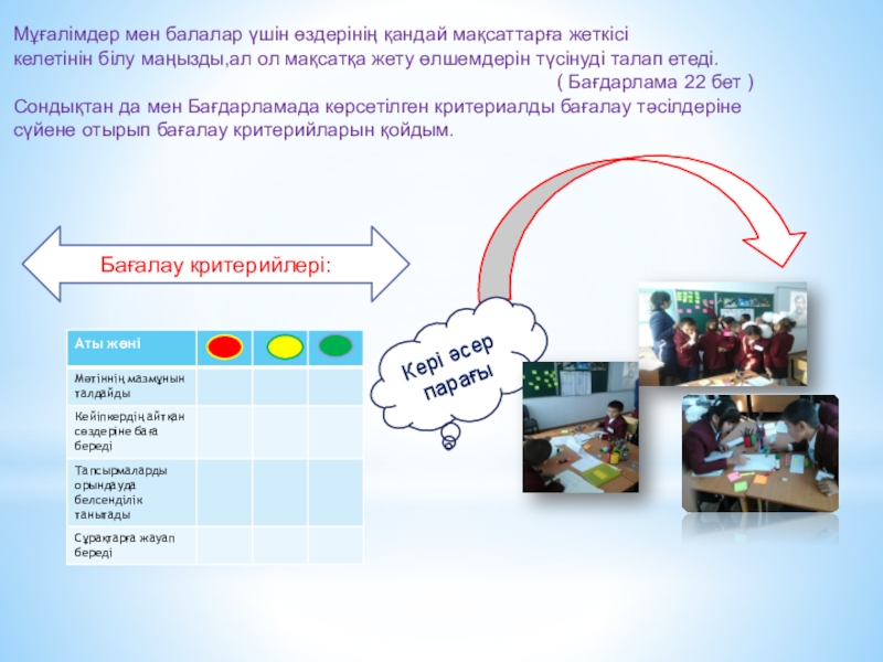 Презентация Дүниеде жамандық неден Бағалау критерийлері:Кері әсер парағыМұғалімдер мен балалар үшін өздерінің қандай мақсаттарға жеткісі Бағалау критерийлері:Кері әсер парағыМұғалімдер мен балалар үшін өздерінің қандай мақсаттарға жеткісі келетінін білу маңызды,ал ол мақсатқа жету