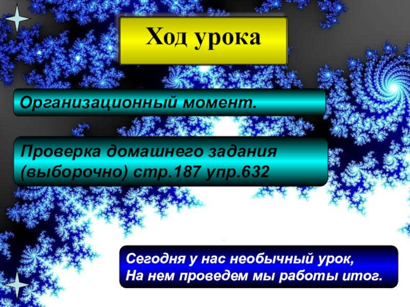 Презентация по русскому языку Закрепление знаний о глаголе(4 класс) Ход урокаОрганизационный момент.Сегодня у нас необычный урок,На нем проведем мы работы Ход урокаОрганизационный момент.Сегодня у нас необычный урок,На нем проведем мы работы итог.Проверка домашнего задания (выборочно) стр.187 упр.632