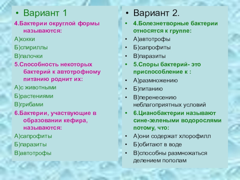 Тест по биологии 6 класс презентация