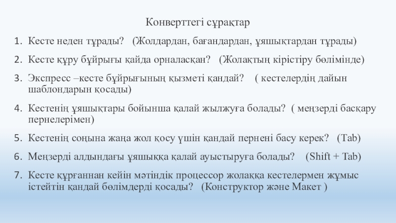 Кестелерді пішімдеу тақырыбына слайд 6 сынып Конверттегі сұрақтар Кесте неден тұрады? (Жолдардан, бағандардан, ұяшықтардан тұрады)Кесте құру Конверттегі сұрақтар Кесте неден тұрады? (Жолдардан, бағандардан, ұяшықтардан тұрады)Кесте құру бұйрығы қайда орналасқан? (Жолақтың