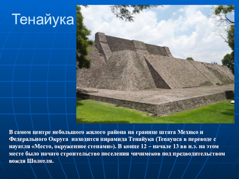 ТенайукаВ самом центре небольшого жилого района на границе штата Мехико и Федерального Округа находится пирамида Тенайука (Tenayuca