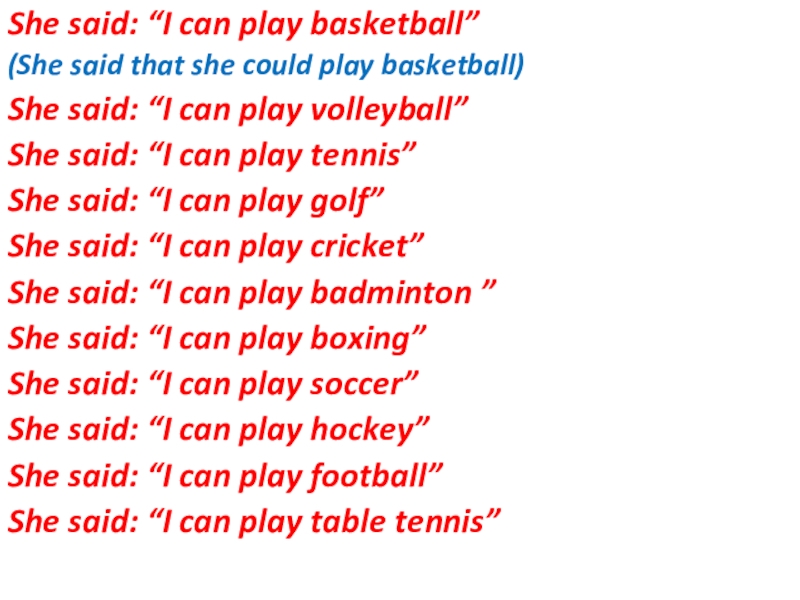 Презентация на тему She said: “I can play basketball” (She said She said: “I can play basketball” (She said that she could play basketball)She said: “I can play