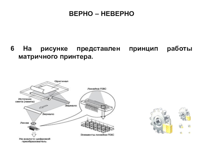 Презентация по МДК 02.02 на тему Устранение аппаратных и программных неисправностей при эксплуатации сканера ВЕРНО – НЕВЕРНО6 На рисунке представлен принцип работы матричного принтера. ВЕРНО – НЕВЕРНО6 На рисунке представлен принцип работы матричного принтера.